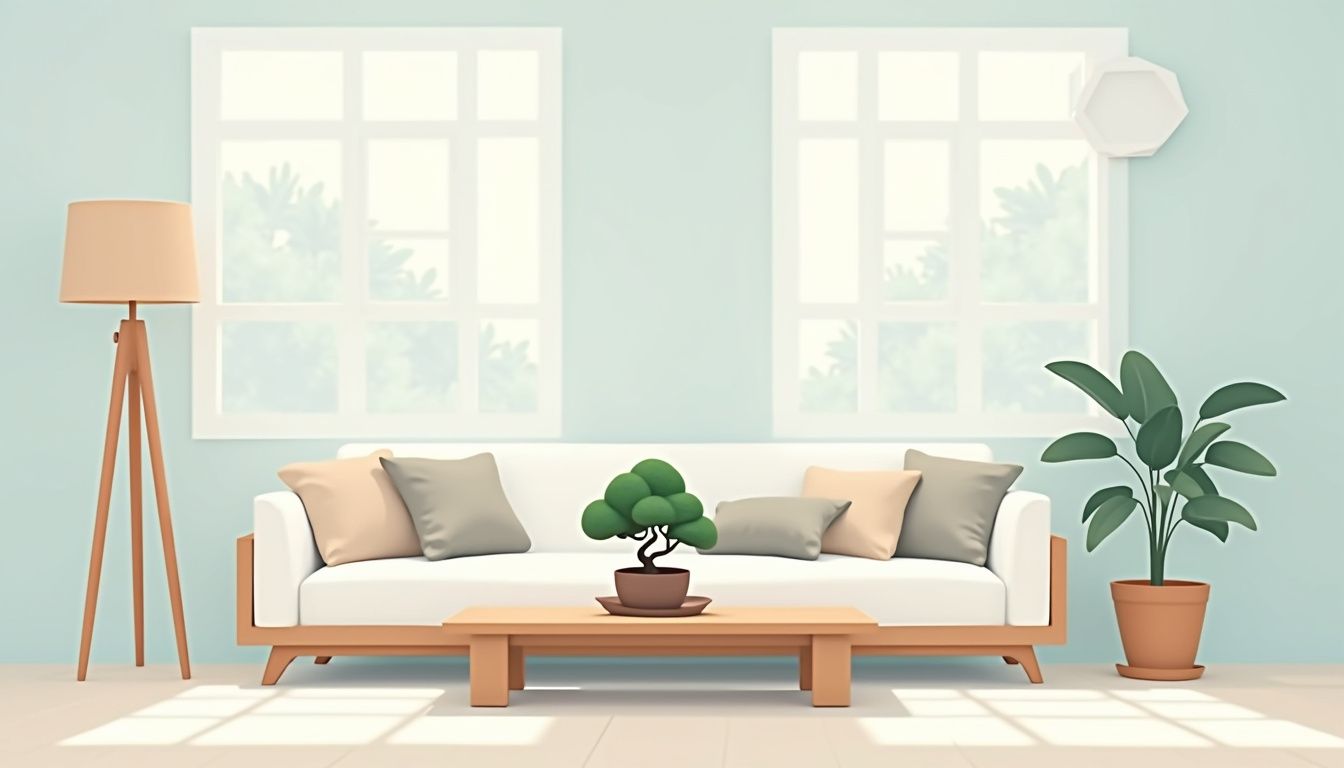 Minimalistische woonkamerillustratie met moderne meubels en een bonsai-boom. Minimalistische woonkamerillustratie met moderne meubels en een bonsai-boom.
