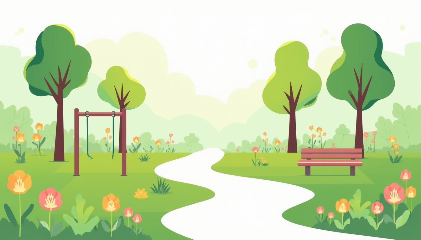 Minimalistische vectorillustratie van een vredig park met een pad.