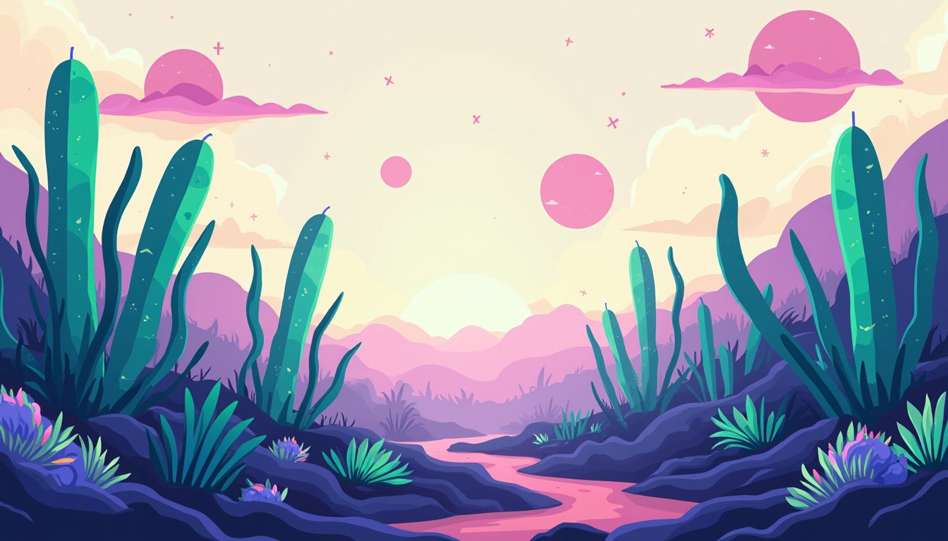 Minimalistische vectorillustratie van een bizarre bioluminescente landschap met kleurrijke wezens.