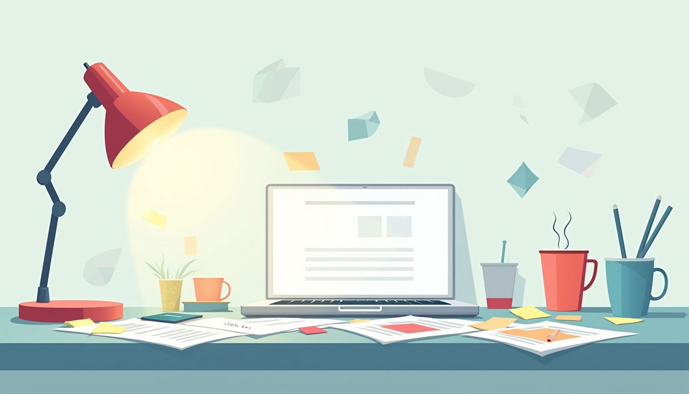 Minimalistische vectorillustratie van een druk bureau met kleurrijke elementen. Minimalistische vectorillustratie van een druk bureau met kleurrijke elementen.