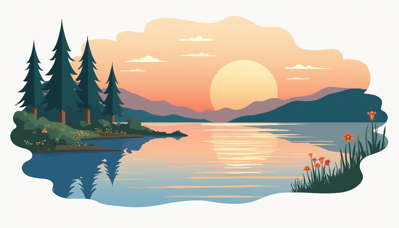 Minimalistische vectorillustratie van een kalm meer tijdens zonsondergang. Minimalistische vectorillustratie van een kalm meer tijdens zonsondergang.