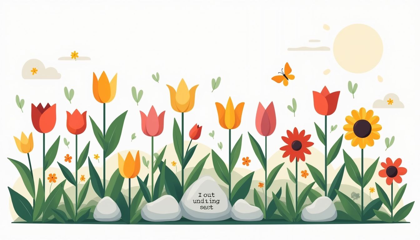 Kleurrijke tuinillustratie met bloemen, stenen en vlinders in minimalistische stijl. Kleurrijke tuinillustratie met bloemen, stenen en vlinders in minimalistische stijl.