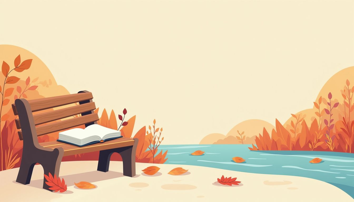 Minimalistische illustratie van een journal op een houten bank omgeven door herfstbladeren.