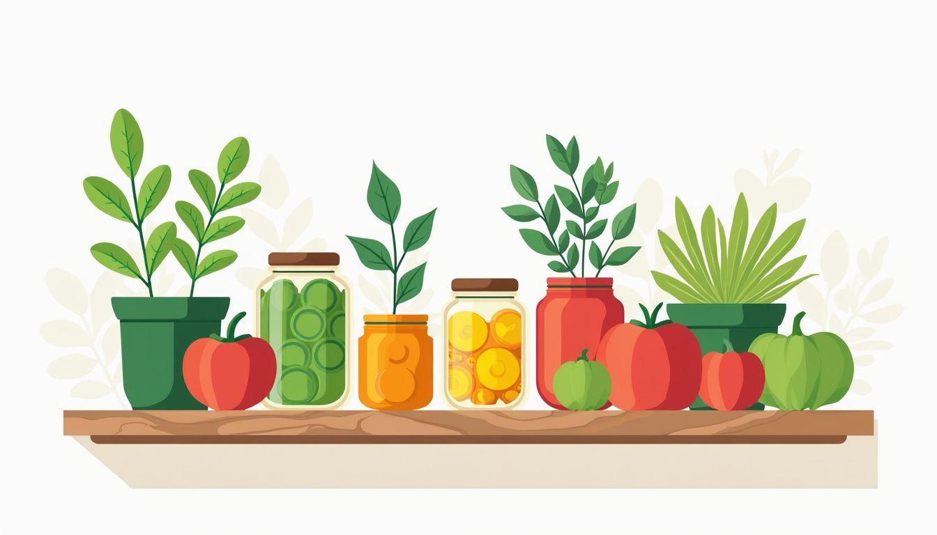 Rustieke houten plank met kleurrijke inmaakpotten en planten.