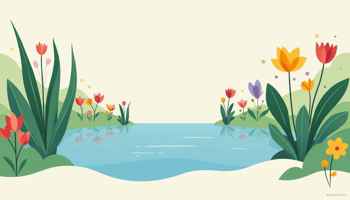 Minimalistische vectorillustratie van een vredige tuin met een blauw vijver.