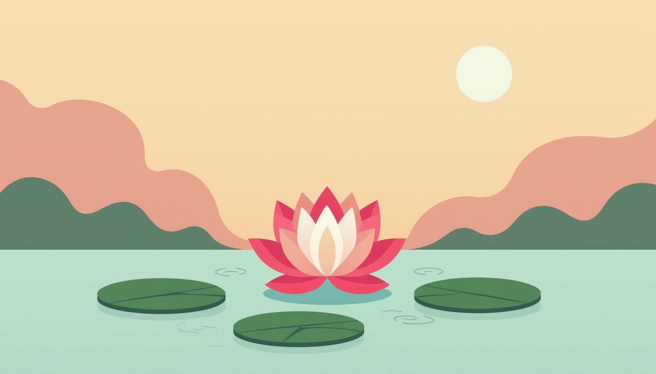 Minimalistische illustratie van een bloeiende lotus in een rustige vijver. Minimalistische illustratie van een bloeiende lotus in een rustige vijver.
