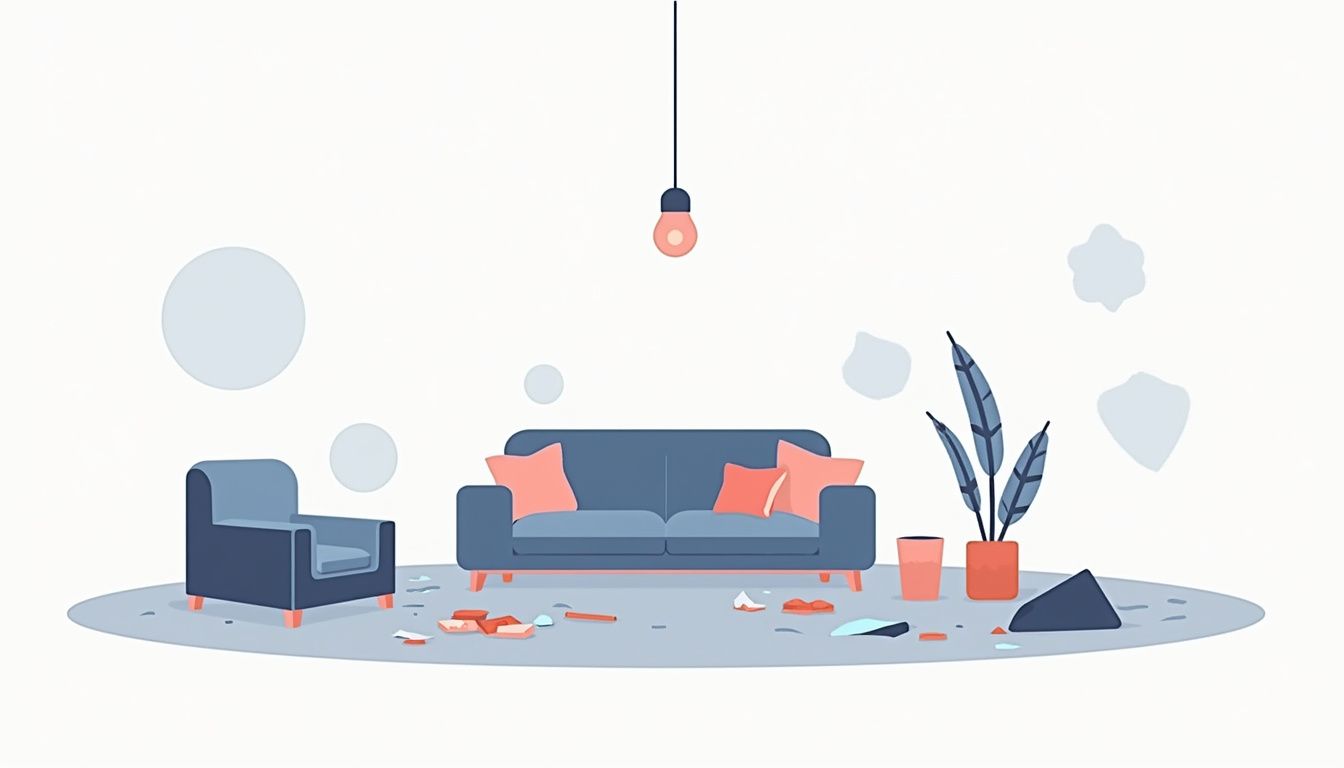 Een minimalistische illustratie van een rommelige woonkamer met gebroken meubels. Een minimalistische illustratie van een rommelige woonkamer met gebroken meubels.