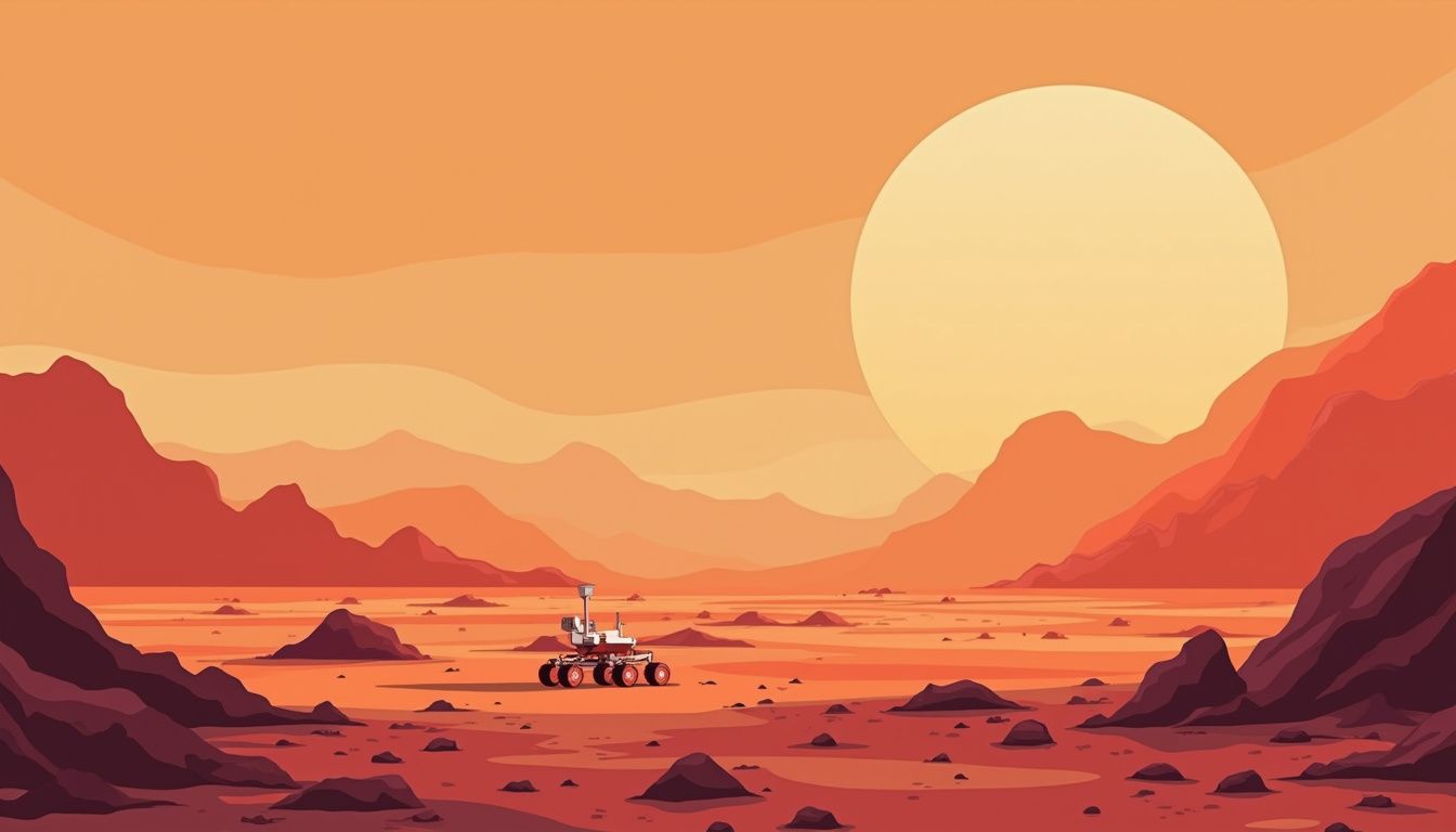 Minimalistische vectorillustratie van een Marslandschap met een robotische rover.