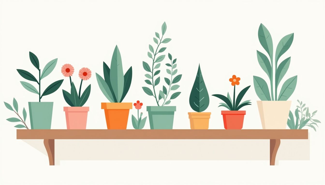 Minimalistische vectorillustratie van een houten plank met potted planten. Minimalistische vectorillustratie van een houten plank met potted planten.