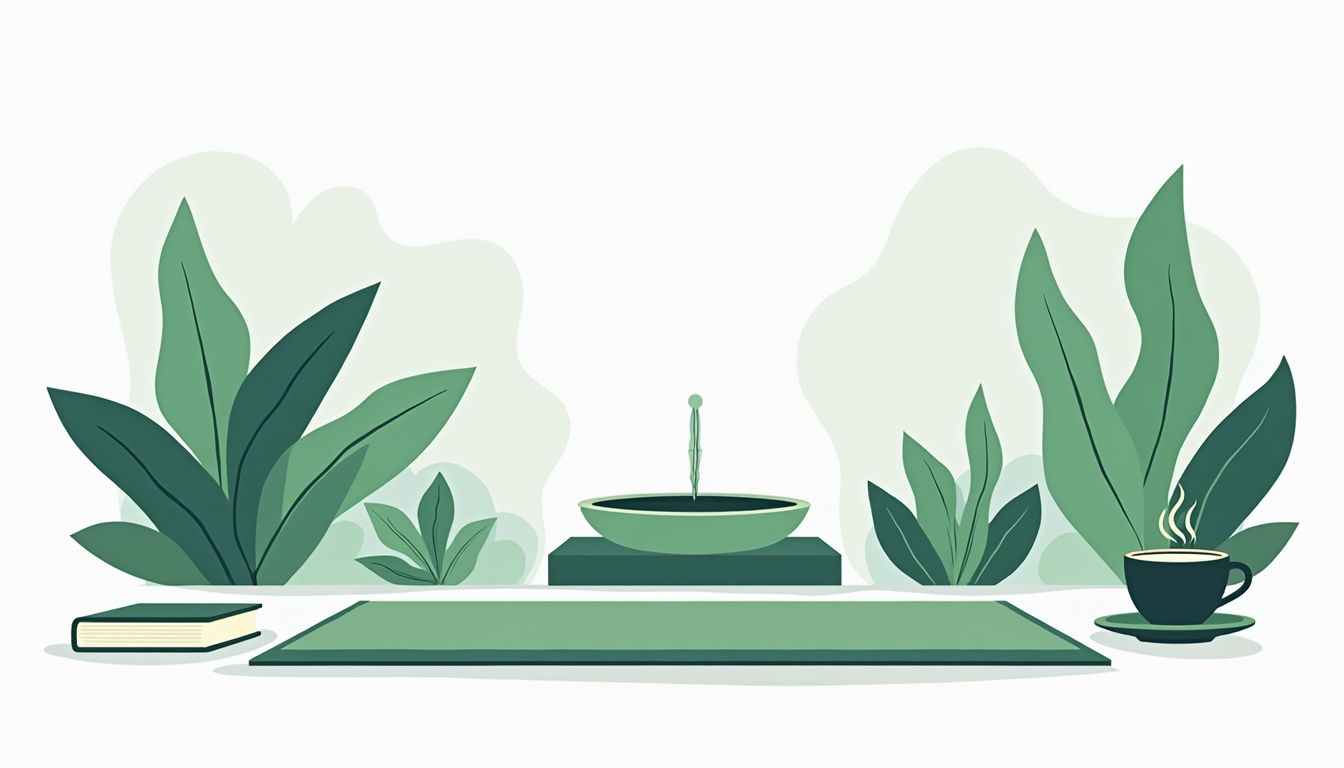 Minimalistische tuin met yogamat, boeken, thee en een fontein.