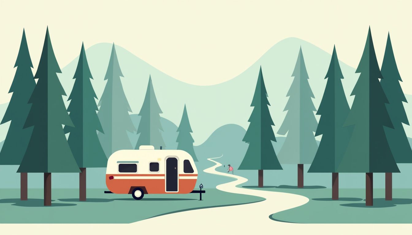 Vectorillustratie van een camper in een serene bosrijke omgeving.
