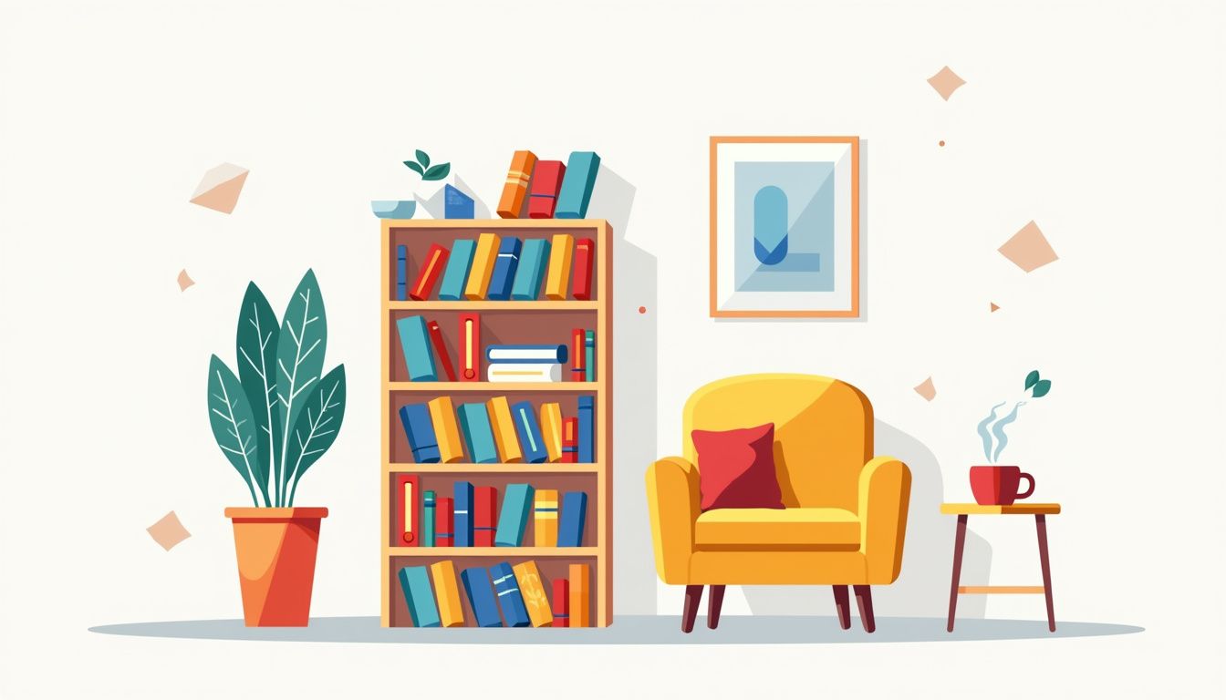 Minimalistische leeshoek met kleurrijke boeken en een comfortabele fauteuil.