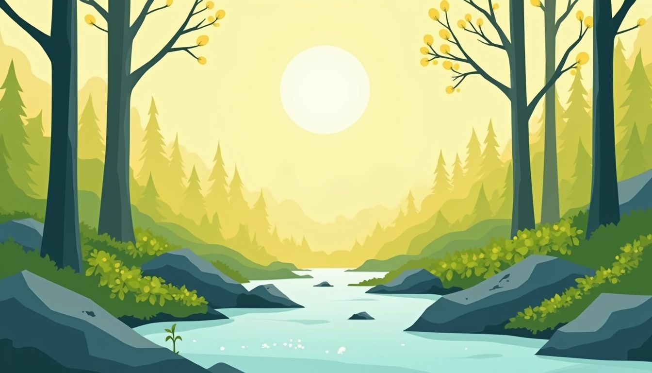 Minimalistische vectorillustratie van een rustige bosopen plek bij zonsopgang.